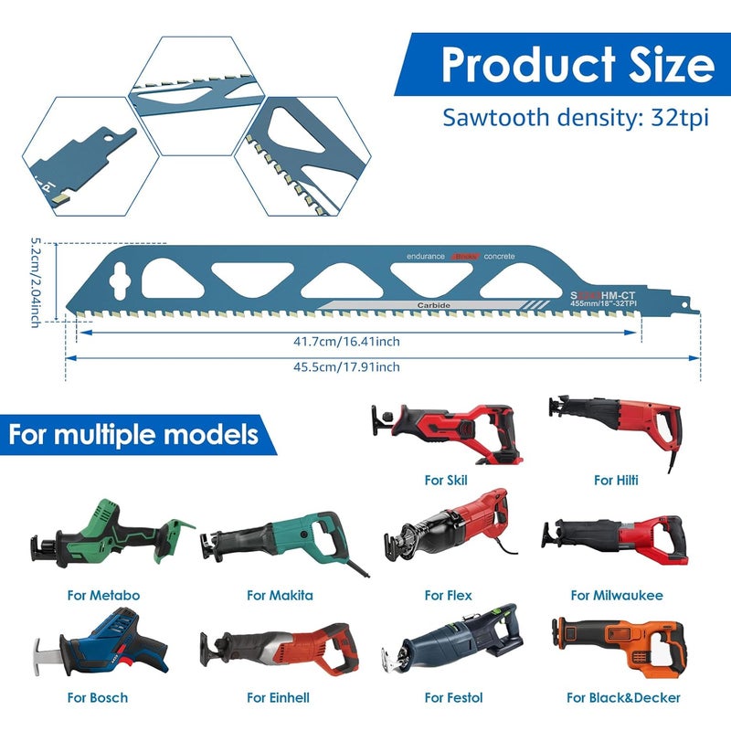 LAINIUTE Reciprocating Saw Blades, 10/12/18/20inch Universal Masonry Tools, Alloy Steel Brick Concrete Cutting Recip Saw Blade, Demolition Saw Blade for Cutting Brick, Cement, Cinder Block (18-inch) - Image 5